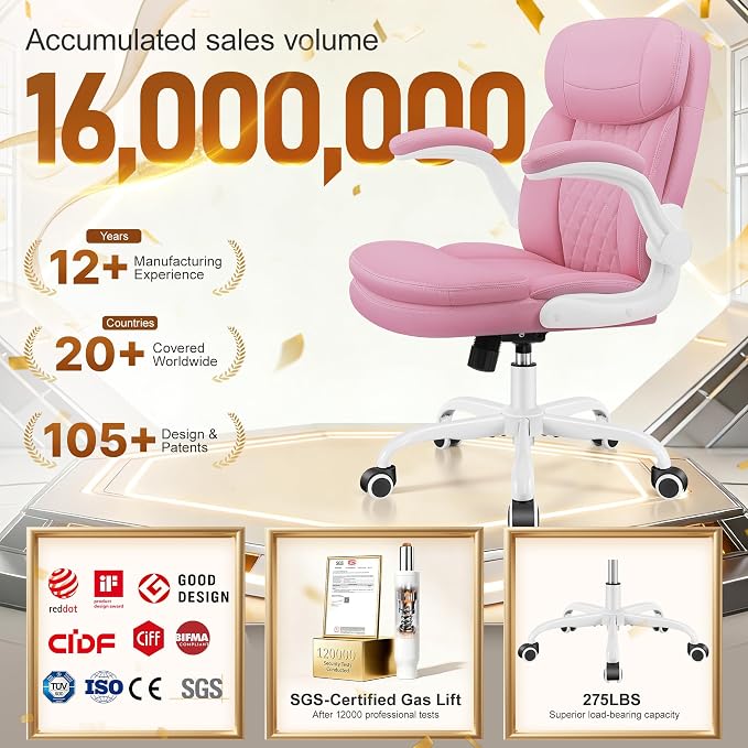 Leather Office Chair, Upgraded PU Computer Desk Chairs with Double-Layer Seat Cushion and Neckrest, 360°Swivel, Ergonomic Small Gaming Chair with Wheels and Adjustable Armrests for Short People, Pink