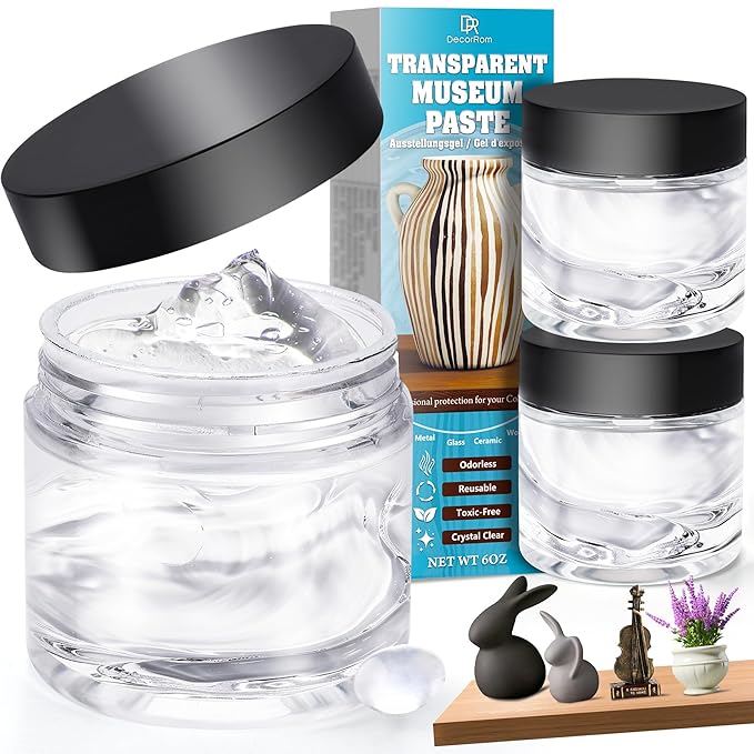 Exhibit Gel for Museum - 6oz Clear Removable Gel, with Museum Putty Clear Removable/Museum Wax, Suitable for Dry and Smooth Surfaces of Collectibles/Metal/Glass, Reusable, Stop Falling Vibration