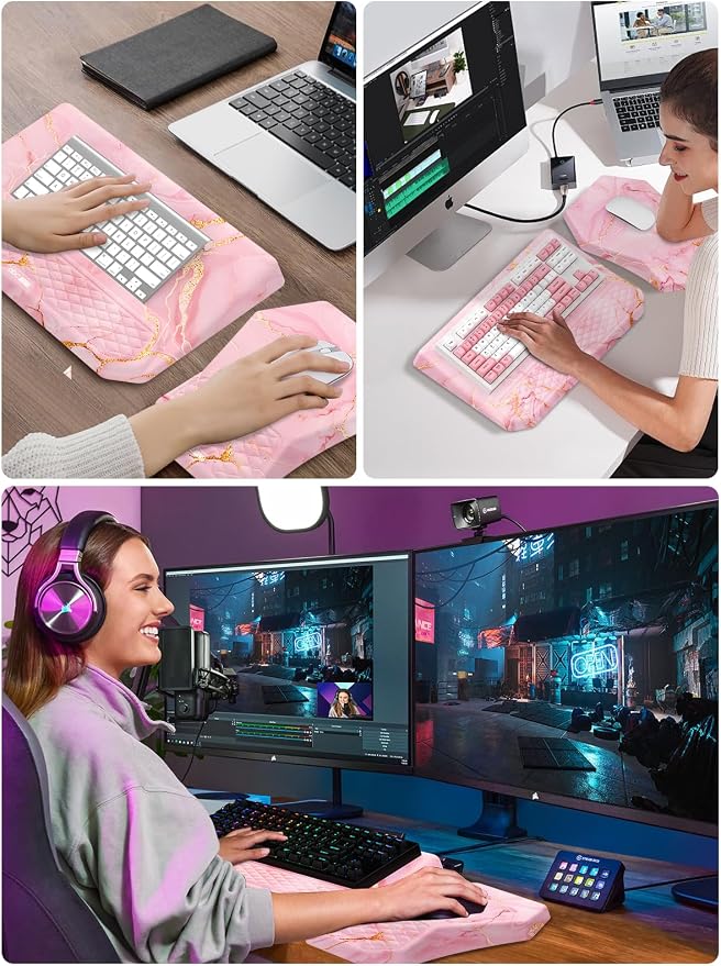 3-in-1 Ergonomic Keyboard Stand with Wrist Rest & Mouse Pad Set,Pink Marble | Comfy Keyboard Riser Holder Soft Mousepad with Massage Design, Memory Foam and Non-Slip PU Base for Pain Relief
