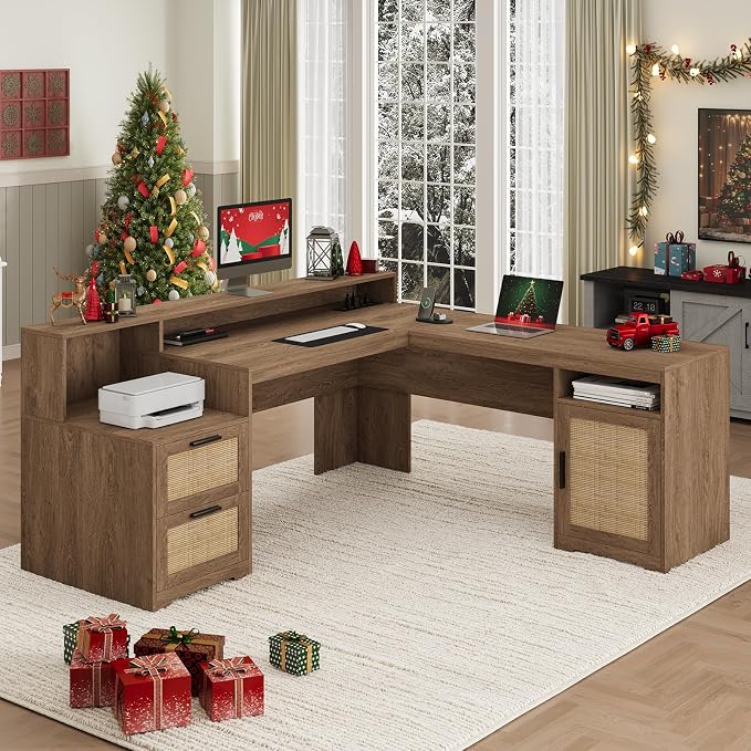 63" Rattan L Shaped Desk with Drawers & Printer Shelf for Home Office | Corner Computer Desk with Storage, Power Outlets, L Shaped Office Desk with Monitor Stand, Printer Shelf, Oak