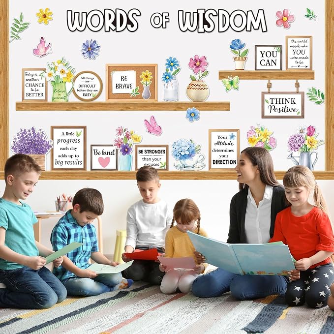 Mooliwe 57 Pcs Spring Bulletin Board Set Motivational Flower Cutouts | Positive Quotes with Floral Designs, Classroom Wall Decor for Teachers, Inspirational Cutouts for School Office Decoration