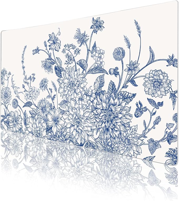 Faux Leather Large Mouse Pad, Office Desk Mat, 23.6"x13.8", Blue Flowers | Desk Décor Accessories, Extended Size, Waterproof & Easy to Clean, Smooth Surface, Non Slip Desk Organization