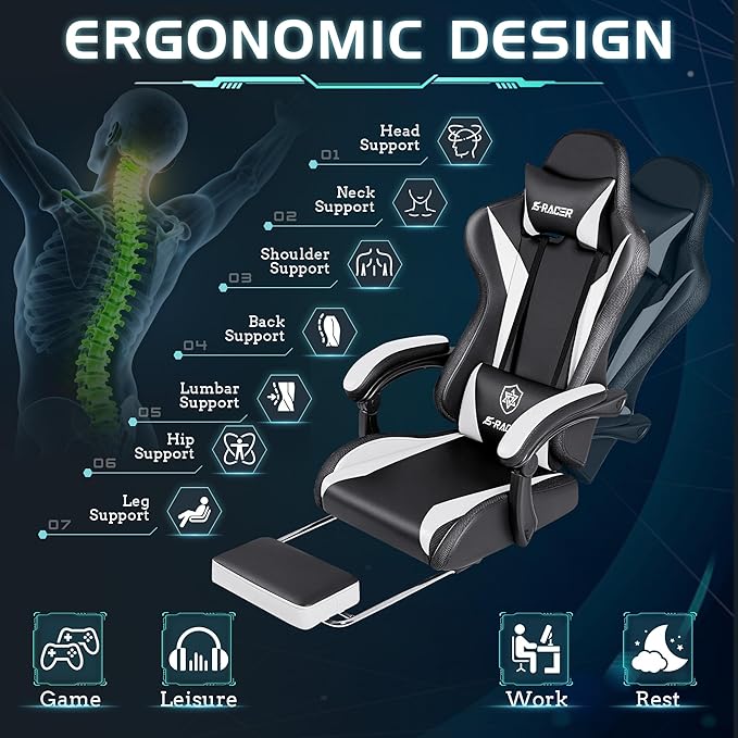 Homall Gaming Chair with Massage & Footrest, Ergonomic Computer Office Chair, High-Back Racing Style Reclining Chair with Adjustable Lumbar Support, PU Leather for Adults (White)