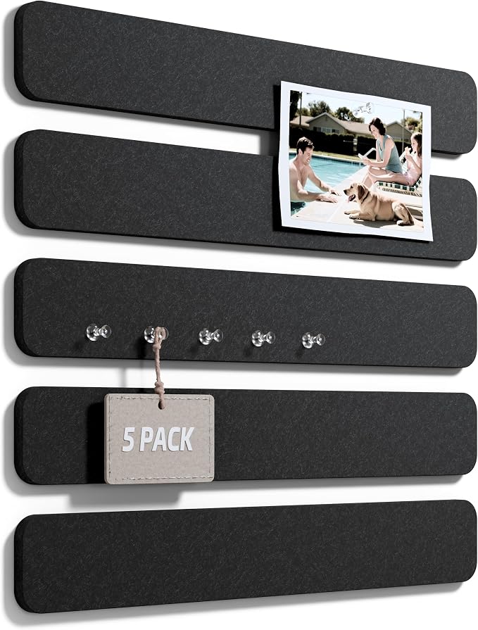 Fluxynara 13" x 2" Felt Wall Panels, Black | 5-Pack Includes 35 Push Pins and Adhesive Tabs for Photos, Notes and Decor in Bedroom Doors, Home Office or Studios