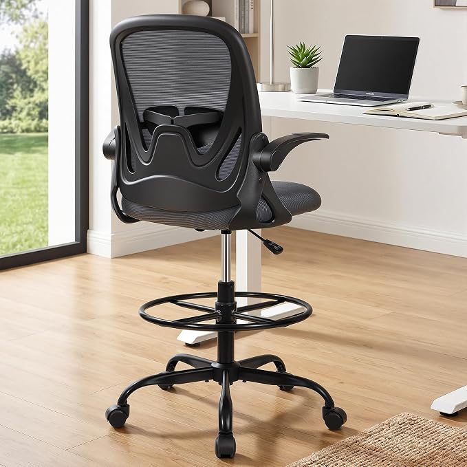 Drafting Chair Tall Office Chair with Flip-up Armrests Executive Ergonomic Computer Standing Desk Chair with Lumbar Support and Adjustable Footrest Ring（Dark Gray）