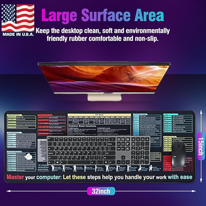 Excel Cheat Sheet Desk Pad Mat (11.8x31.5in) - XL Excel Formulas Shotcuts Mouse Pad Cheat Sheet Excel Function Modules & Waterproof | 3mm Non-Slip Pc Keyboard Cover | Office/Gaming Large XL Mouse Pad