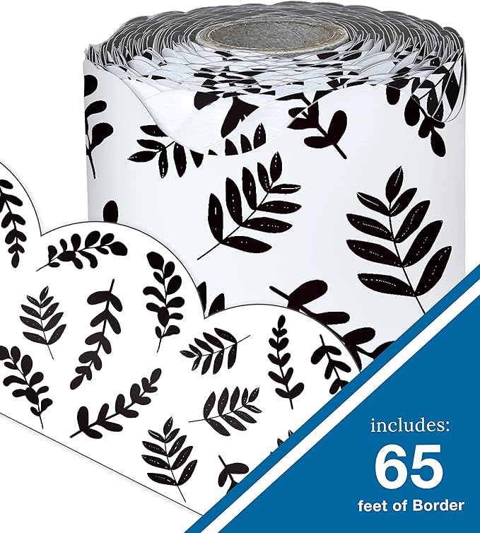 Carson Dellosa Farmhouse 65Ft of Black and White Bulletin Board Borders, 1 Roll of Scalloped Trim with Eucalyptus Leaves for Rolling Whiteboard, Cork and Posterboard, and Classroom Decor