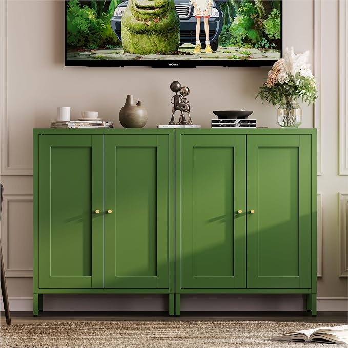YAUWOH Small Metal Cabinet, Storage Cabinet with 2 Adjustable Shelves and 2 Doors,Freestanding Sideboard for Small Spaces, Living Room, Home Office, Dining Room(1PC,Forest Green)