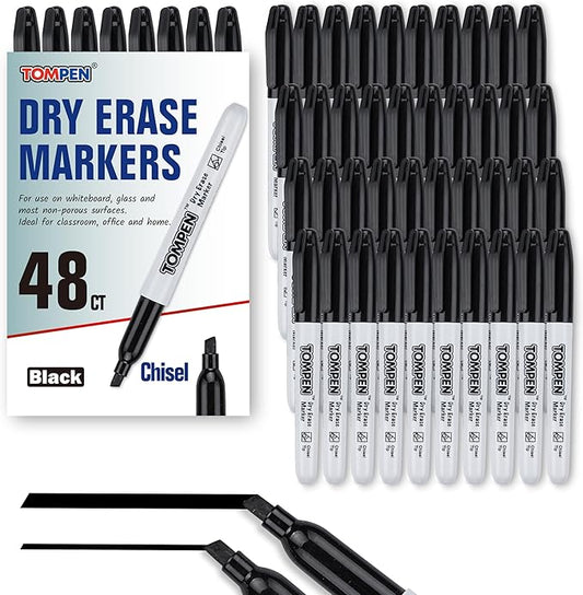Dry Erase Markers Chisel Tip Black,48 Count Bulk,Erasable Whiteboard Markers with Low Odor Ink Quick-Drying for Calendar Boards Office Home School Writing Planning