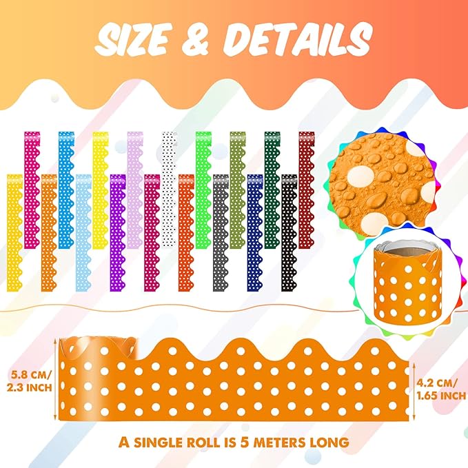 18 Rolls 300 Feet Bulletin Board Borders in 18 Colors, Scalloped Rolled Bulletin Board Trim for Wall Classroom School Office DIY Decoration(Polka Dots,Multicolored)