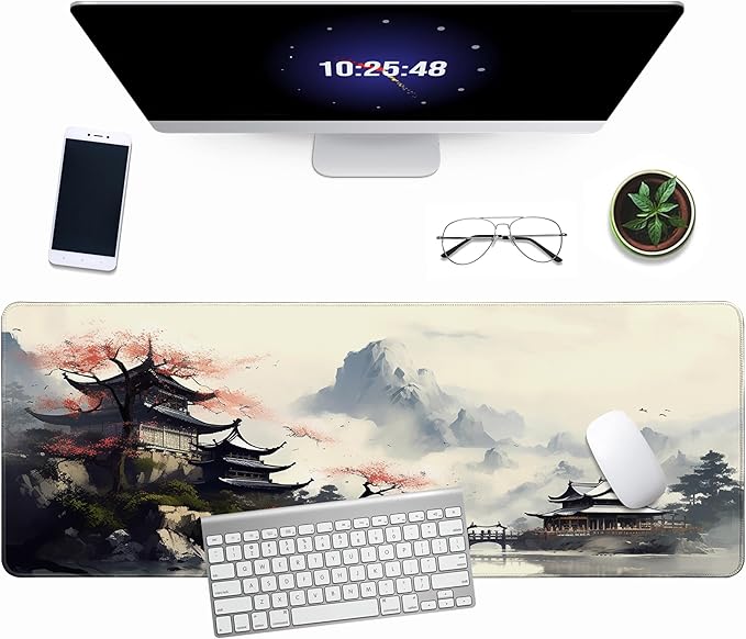 Cherry Blossom in Ink Gaming Mouse Pad 31.5x11.8 Inch White Full Desk Japanese Sakura Mousepad Extended Large Non-Slip Rubber Base Waterproof Big Keyboard Mat with Stitched Edges for Gaming and Office