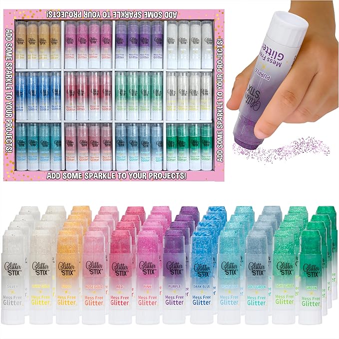 Glitter Stix 96-Pack Mess-Free Glitter Sticks - Bulk Classroom Set, 8 Each of 12 Colors, Solid Shimmer Topcoat for Coloring Pages, Crafts & Art Projects, No Loose Glitter or Glue, Pairs with Kwik Stix