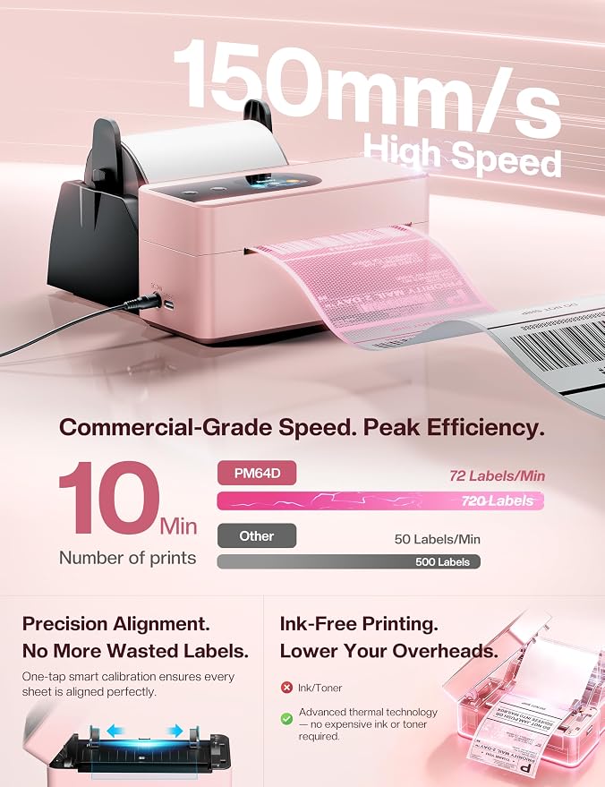 Phomemo PM64D Shipping Label Printer 4x6 Bluetooth with Touch Screen | 150mm/s printing, one-touch calibration, Bluetooth connection, compatible with Amazon, USPS, UPS, iOS, Android, Windows & Mac