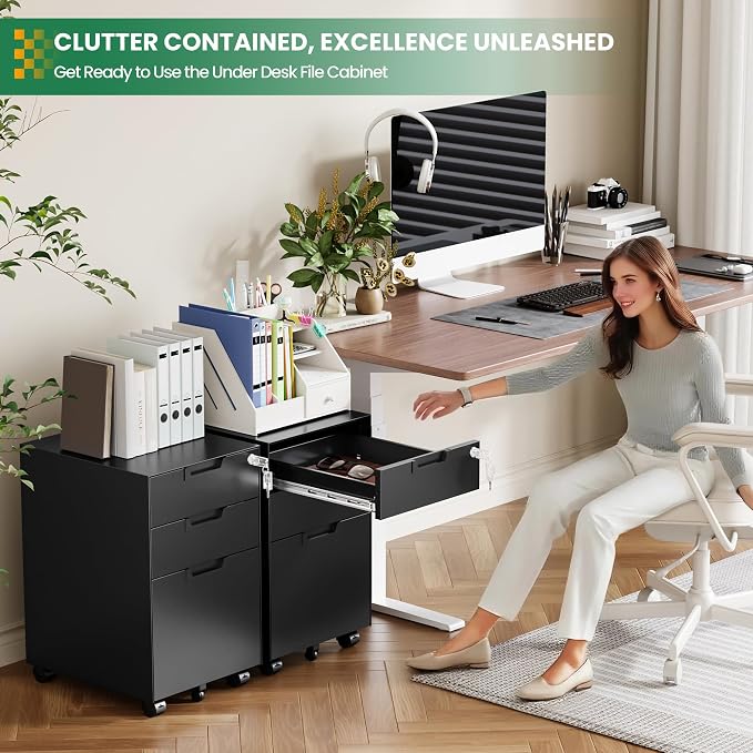 3-Drawer File Cabinet with Lock, Under Desk Rolling Filing Cabinet for Legal/Letter/A4 File Folder, Printer Stand, Metal Storage Cabinet on Wheels for Home Office(Fully Assembled，Black)
