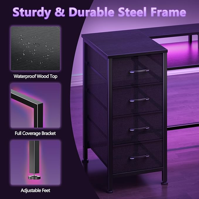 Korfile 47 Inch Gaming Desk with Power Outlets and LED Lights, Reversible Computer Desk with 5 Fabric Storage Drawers, Home Office Desk with Monitor Stand for Working Writing Study, Black | Gaming desk with power outlets &LED lights,reversible design w...