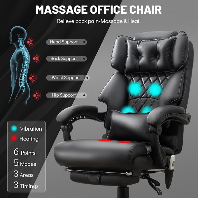 Massage Office Chair with Foot Rest,6 Points Vibration & Heat Executive Office Chairs,500LBS Big and Tall Office Chair for Heavy People,Ergonomic Reclining Desk Chair,Dual-Use Pillow,Home Office,Black