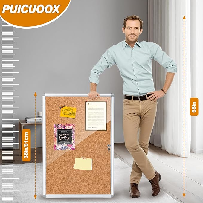 36"x24" Outdoor Enclosed Bulletin Board with Locking Door,Outdoor Bulletin Board Weatherproof Aluminum Frame,Shatter-Resistant Tamper-Proof Display Board Case Cork Board for School, Office, Park