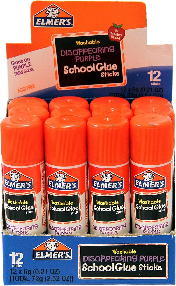 Elmer's Disappearing Purple School Glue Sticks, Washable, 6 Grams, 12 Count