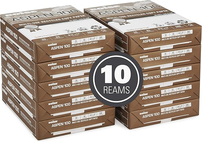 Boise Paper 100% Recycled Multi-Use Copy Paper, 8.5" x 11" Letter, 92 Bright White, 20 lb, 10 Ream Carton (5,000 Sheets)