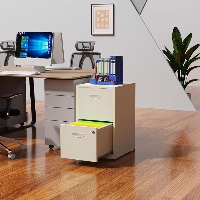 Polup 2 Drawer File Cabinet with Lock, Metal Filing Cabinet for Home Office | Small Locking Cabinet for Under Desk Storage, Printer Stand, Fits Letter Size, Cream, 26"H x 15"W x 18"D, Easy Assembly