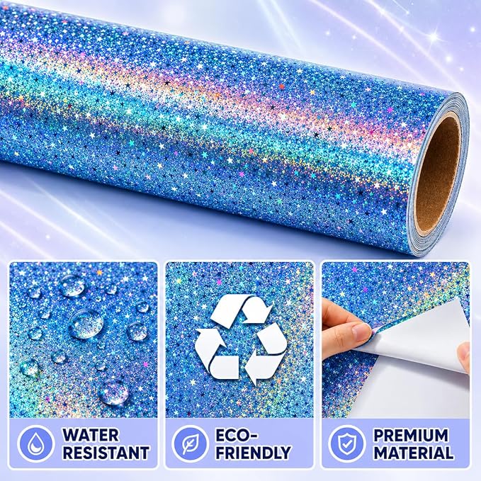 Pastel Blue Iridescent Bulletin Board Paper Roll,17" x20 Ft Bulletin Board Background Paper Roll,Fade Resistant Wrinkle Resistant Poster DIY Crafts Paper Glitter Wallpaper Classroom Office Home Dec