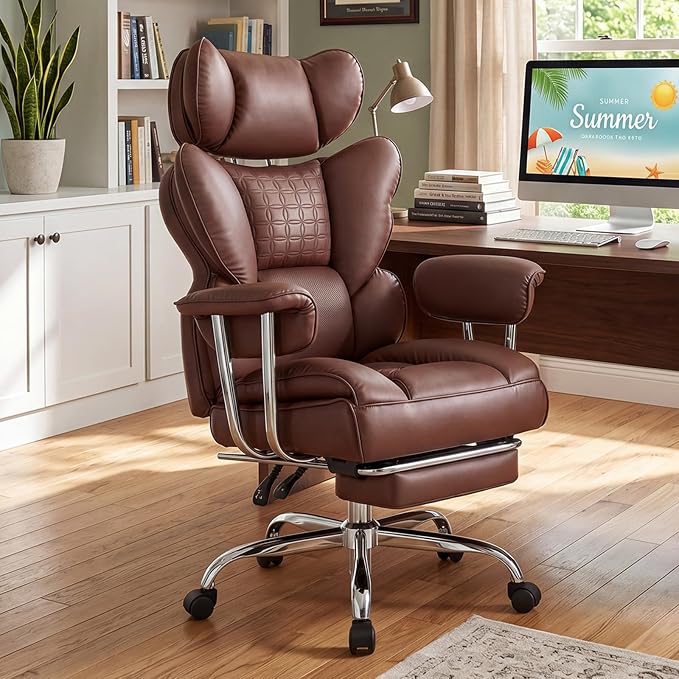 DUMOS Big and Tall Home Office Desk Chair, Executive Chair with Footrest | Scratch-Resistant PU Leather, Ergonomic Reclining, Pocket Spring Support, 400 LBS Weight Capacity, Brown
