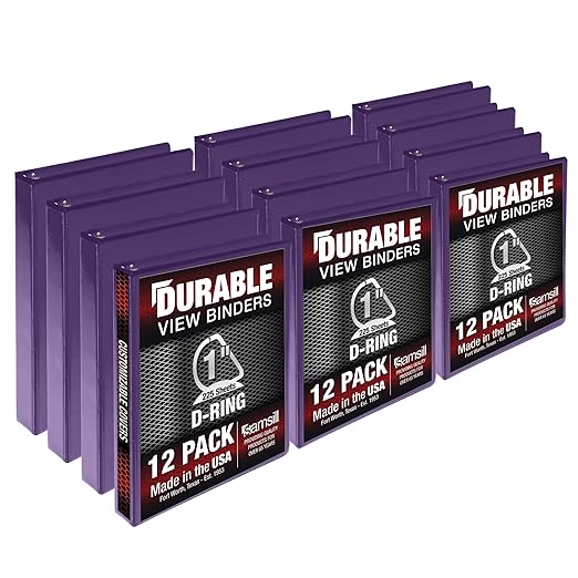Samsill Durable 1 inch 3 Ring Binder, D Ring Binder, 100% Recycled Chipboard, Purple, 12 Pack