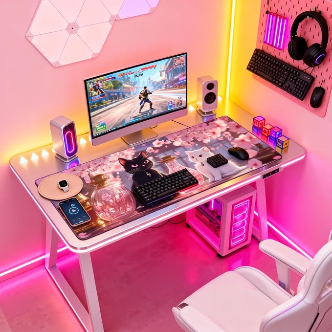 Cute Anime Black&White Cat Gaming Mouse Pad, Pink Dreamy Desk Mat with Anti-Slip Base & Stitched Edges,35.4" x 15.7" in Table Mat for Computer Desktop, Beautiful Workstation Decor