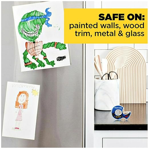 Scotch Wall-Safe Tape, 4 Dispensered Rolls, Sticks Securely, Removes Cleanly, Invisible, Designed for Displaying, Photo Safe, 3/4 in x 650 in (4183)