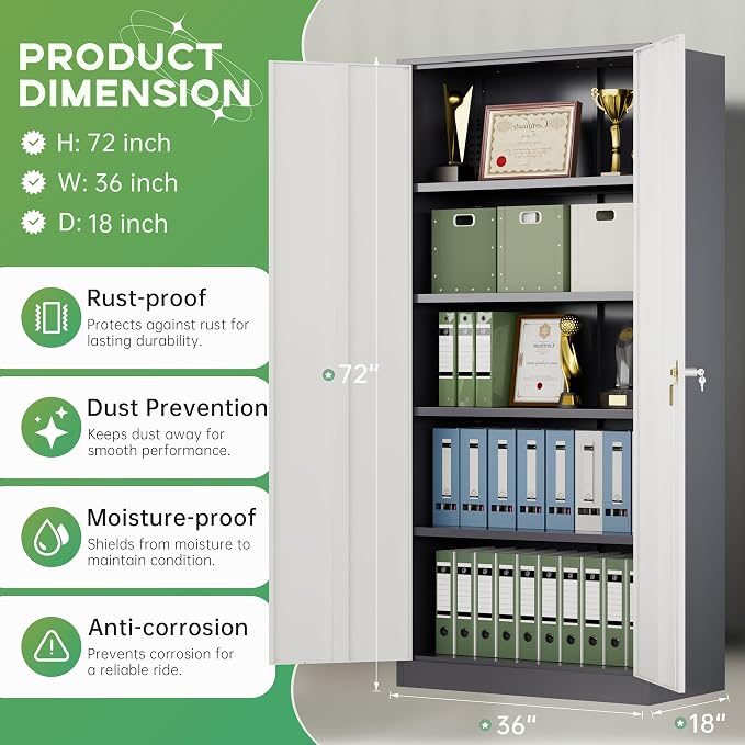 Metal Storage Cabinet for Garage,72" Lockable Storage Cabinets with Doors and Adjustable Shelves,Steel Locking Cabinet for Garage,Office,Home,Gym,School (White Grey)