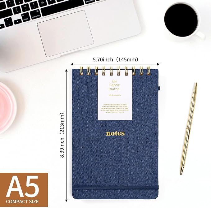 A5 Top Spiral Notebook, Fabric Hardcover College Ruled Journal | 100GSM Paper 160 Lined Pages, 5.7"x8.39" Steno Pads with Elastic Band & Pen Loop, for Work, School Note Taking (Dark Blue)
