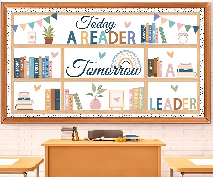 Boho Bookshelf Reading Bulletin Board Set – 80PCS Motivational Library Decor with Rainbow & Inspirational Cutouts – Read Themed Classroom Supplies for Back to School, Home & Wall Displays
