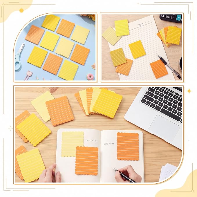 Epakh 10 Pack Scalloped Line Sticky Notes, Gradient Yellow Pads, 3 x 4 Inch | 300 Sheets, Small Notes Pads, Thick Note Pads, Strong Adhesive, Back to School Office Supplies