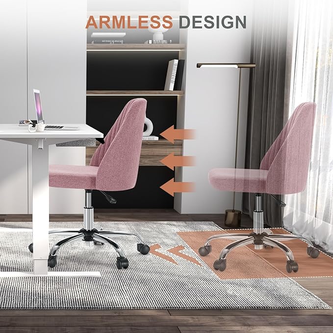 DUMOS Comfy Office Desk Chair, Armless Computer Vanity Chair | Height Adjustable, 360° Rolling Swivel Task with Wheels, Wide Seat, Cute, Home Bedroom, Student, Adults, Dusty Rose