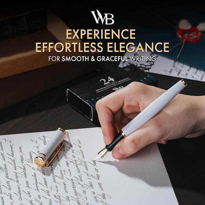 Wordsworth & Black Luxury Fountain Pen Set for Writing, Medium Nib, White | Gift for Men & Women, Brass Body, 18K German Iridium, Calligraphy, Converter + 24 Ink Cartridges, Refillable, Leak-Free