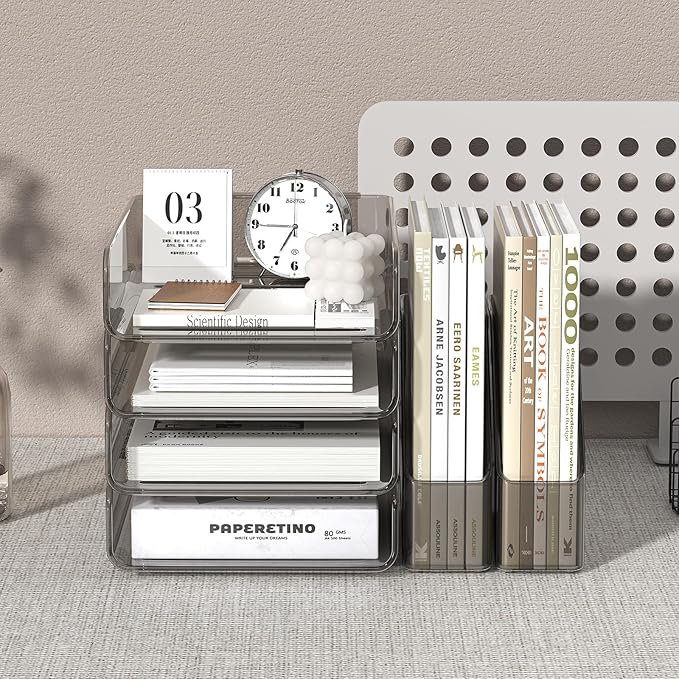 4-Tier Acrylic Paper Tray Organizer with Bookends | Clear Stackable Desk Organizer for Documents, Letters, A4 Paper | Modern Office/Classroom/Home Organization,Brown