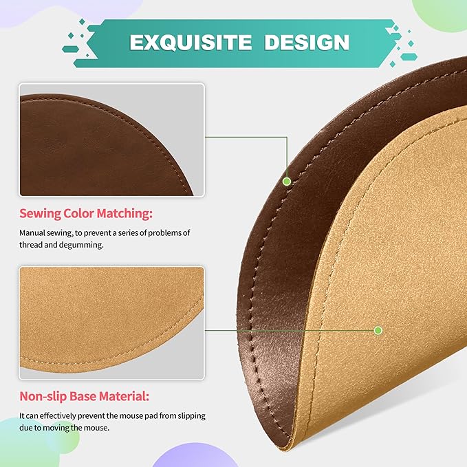 PU Leather Mouse Pad with Stitched Edge, Micro-Fiber Base, Non-Slip Waterproof for Computers, Laptop - Round 9 x 9 Inch (Dark Caramel Brown)