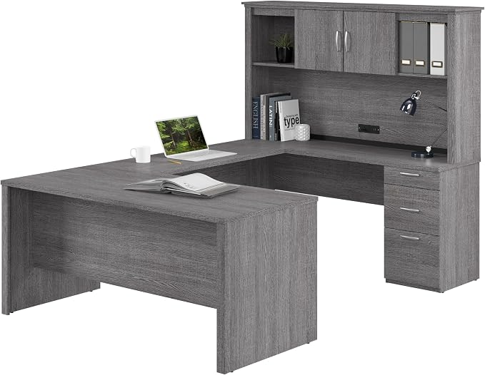 Bestar U or L Shaped Desk with Hutch and Drawers, Bark Grey, Logan, 66W | With Drawers and Hutch; The Bestar Logan U or L Shaped Desk with Drawers and Hutch offers a customizable solution