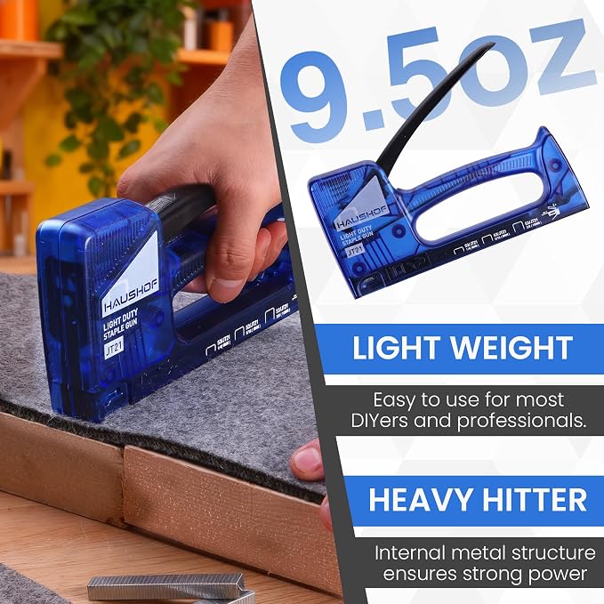 HAUSHOF Light Duty Staple Gun, Upholstery Staple Gun with 800PCS JT21 Staples and Stapler Remover, Fits JT21 Staple of 1/4'', 5/16'' & 3/8'', Used for Wood, Classroom, Crafts, DIY (Blue Transparent) | Upholstery Staple Gun Fits JT21 Staple of 1/4'', 5/...