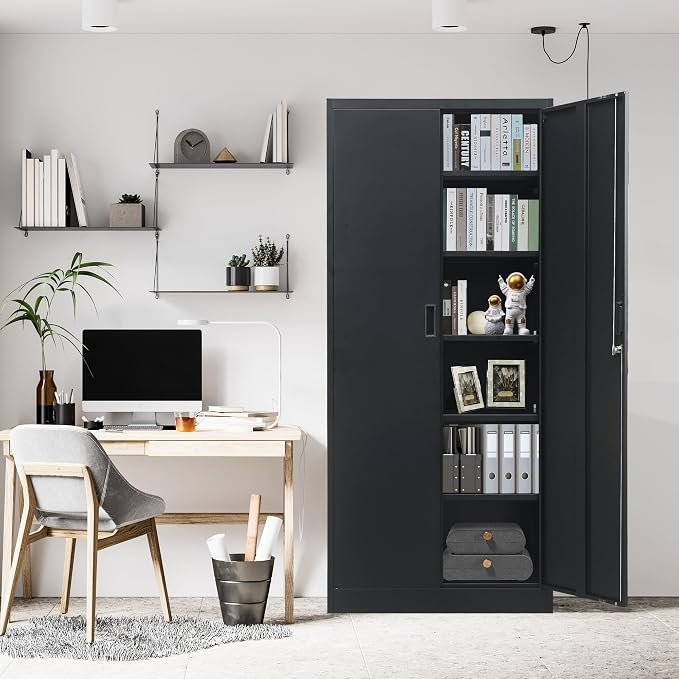 BESFUR Metal Storage Cabinet, 71" H Locking Storage Cabinet with 5 Adjustable Shelves, Metal Cabinets for Garage, Office, Home, Classroom- Black
