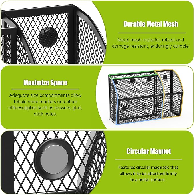 YINGHUA 3 Compartment Magnetic Metal Mesh Pen Holder, Black Desk Caddy | Perfect magnetic organizer for locker, whiteboard, refrigerator, or office. Easily holds pens and accessories