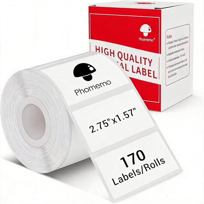 Phomemo M220 Thermal Labels 2.75"x1.57" for M220/M221/M250/M260, 170 PCS | 70x40mm Waterproof Thermal Sticker, 1 Roll, Use for Barcode, Logo,Listing, Business, Home,Organization, Office, White