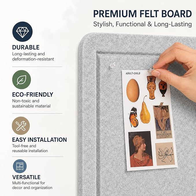 Felt Bulletin Board for Wall 24" x 18" Unfolded Size, Small Frameless Felt Pin Board, Soft Cork Board Alternative for Office, Home Planning, Notes, Photos & Wall Decor, Foldable Shipping, Easy Install