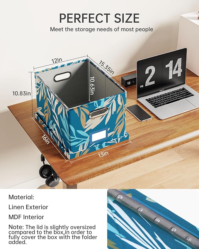 File Organizer with Lid, File Box, File Cabinet for Letter File Folder Storage, Hanging File Organizer for Office/Decor/Home,Document Organizer, 1 Pack,Leaf Blue-Box Only