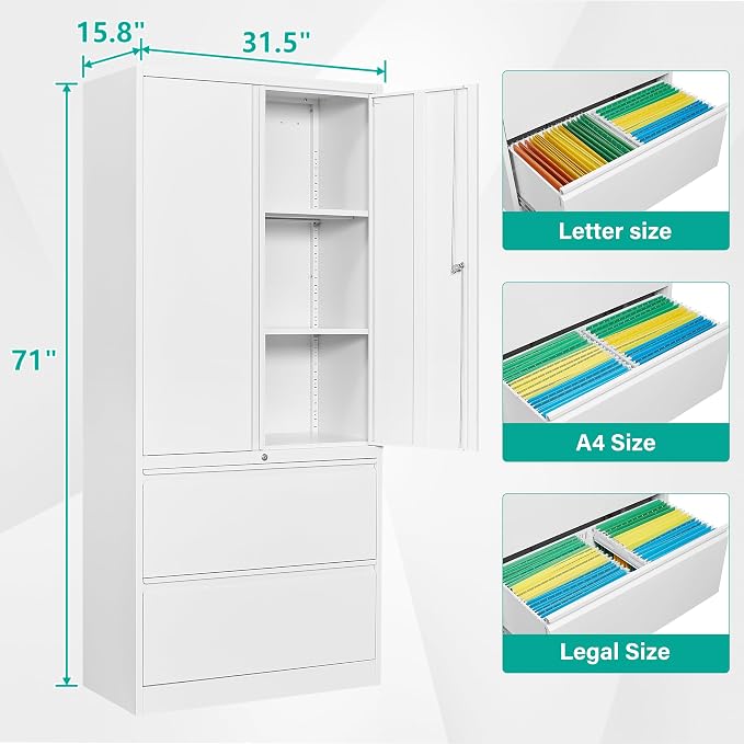 Storage Cabinet Metal Display Cabinet with Glass Doors, 71in H x 31.5in W x 15.7in D, White, Kitchen Pantry Cabinet for Home Office, Bathroom, Bedroom, Living Room