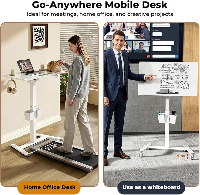 35" Glass Mobile Standing Desk, Foldable Desktop for Storage | Height Adjustable Portable Drafting & Laptop Desk with Wheels, Small Rolling Whiteboard for School Home Office, White