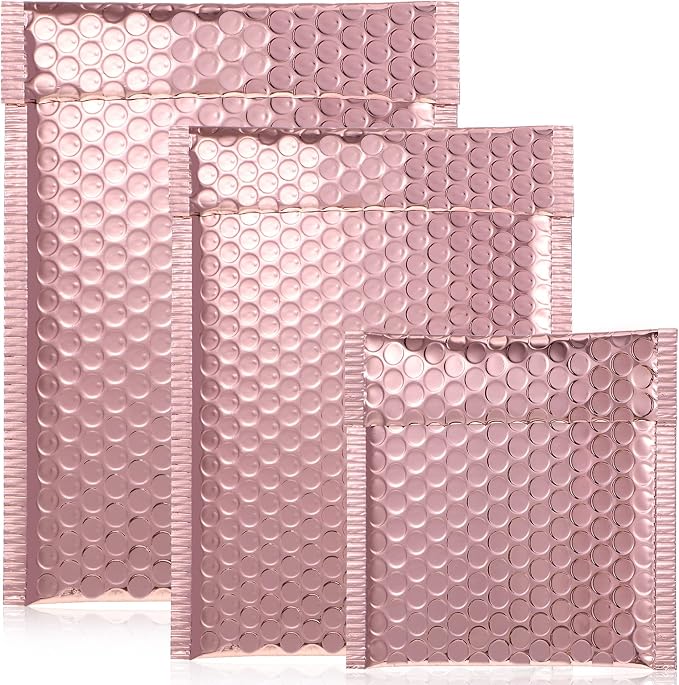 50 Pieces Bubble Mailers 3 Sizes Self Seal Adhesive Poly Mailers Metallic Foil Glitter Padded Shipping Bubble Envelopes for Valentine Mailing Packing Small Business (Rose Gold)