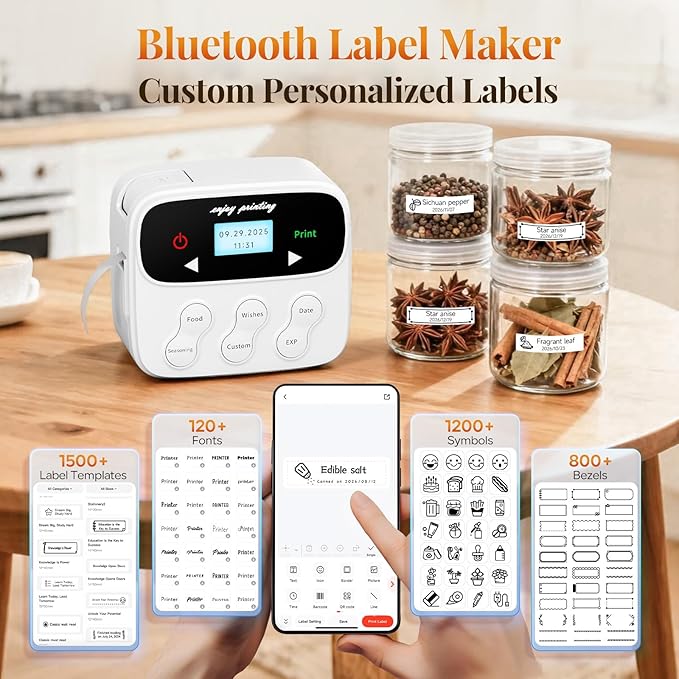 Phomemo Ribbon Label Printer, Kitchen Magnetic Label Maker Machine with 4 Tapes F12 Handheld Rechargeable Backlit-LCD Screen Labeler One-Click Print Date for Home Food School Gift Wrapping Fridge