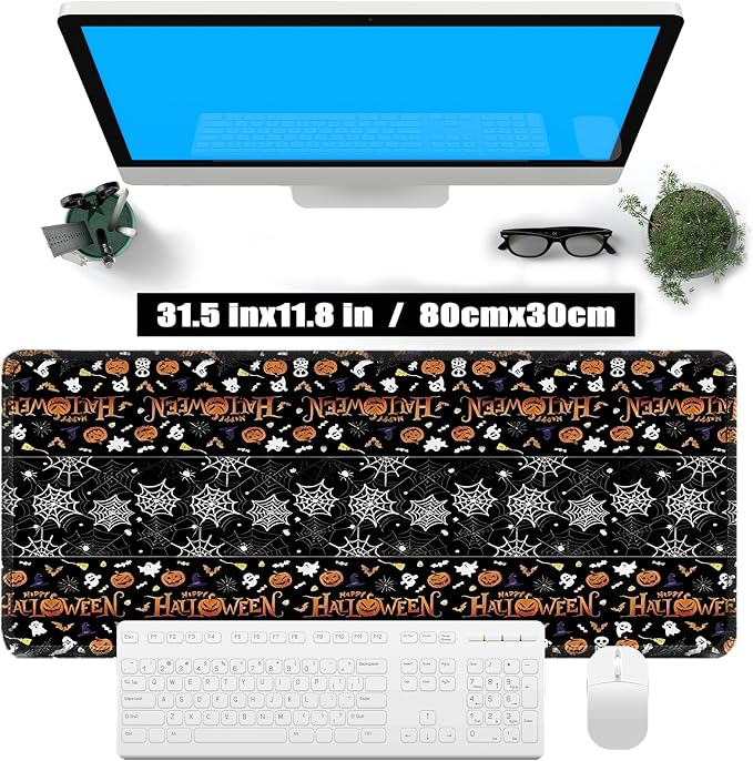 Halloween Mouse Pad, Skeleton Ghost Pumpkin Head Pattern Desk mat | Large Gaming Desk Mat, Sewn Edges, Micro-Woven Fabric, 31.5x11.8in