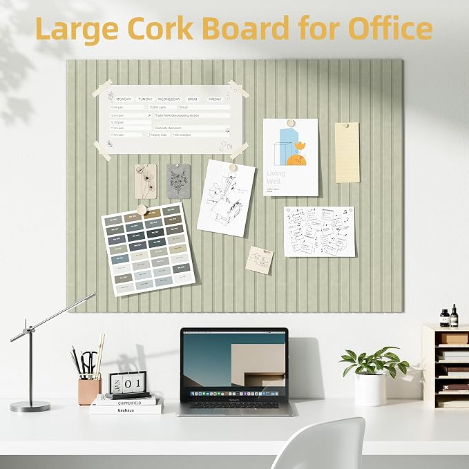 Large Cork Board for Walls 12 Pack Bulletin Board with 60 Adhesive Tabs | 36" x 48" Alternative CorkBoard for Pictures Photos, Felt Push Pin Boards Tiles for Office Classroom Wall Decor - Sage